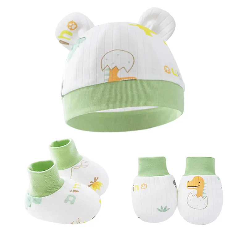Cotton Knit Summer Baby Hat Gloves Set Newborn Beanie Cap Infant Baby Hat Cotton Anti-Scratch Gloves Booties Infant Hat 3PCS Set