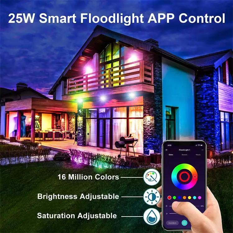15-100W RGB Led Flood Light Smart App Control Garden Stage Lighting IP66 Waterproof Dimmable Outdoor Flood Light