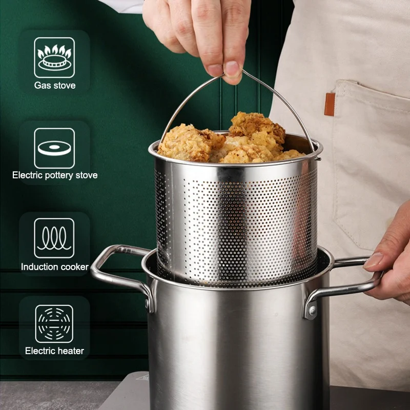Fried chicken fryer pot french chip fries pasta strainer basket asparagus 304 steelnees steel fry tempura frying pot