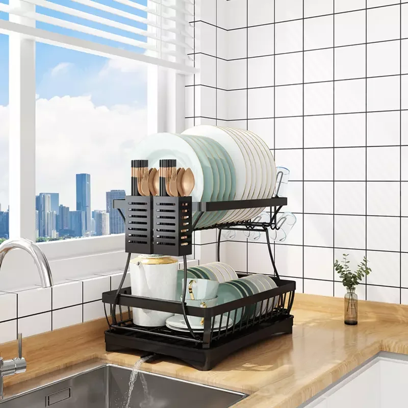 2 layer stainless steel kitchen stand dish drainer drying rack with drainboard set corner shelf with chopsticks cage holder