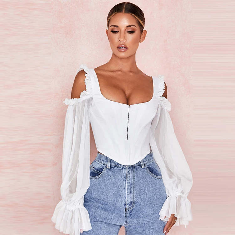 Модная женская одежда, эластичный поплиновый корсет с косточками, крутой шифоновый топ с рукавами спереди и крючком, женские блузки