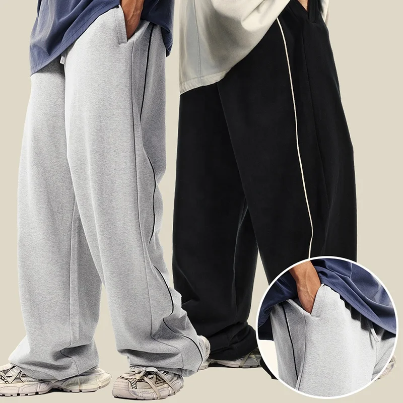 380GSM Heavyweight Loose Back with Contrasting Yarn-dyed Ribbon Design with Drawstring Elastic Belt Straight Leg Tracksuit Pants
