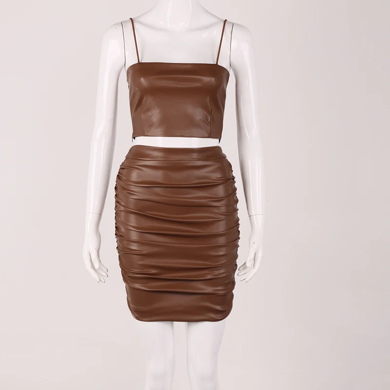 
2021 New Arrivals PU Leather Shorts Skirts Sets Women Backless Sexy Club Outfits High Waist Back Zipper Bodycon Skirts 2 Piece 