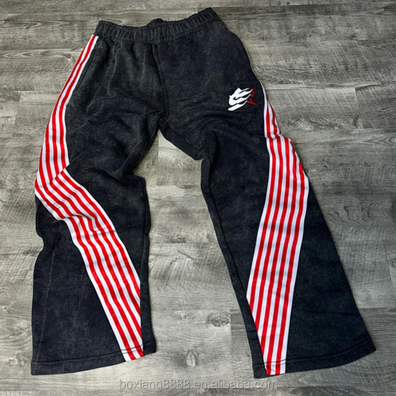 Custom Streetwear Oversize Acid Wash Striped Pants 100% Cotton Heavyweight Wide Straight Leg Men Baggy Sweatpants