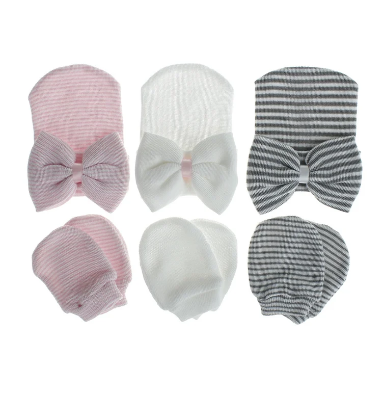 Newborn hospital knitted beanie hat mitten hand set 2 pcs sets baby newborn hat with bow