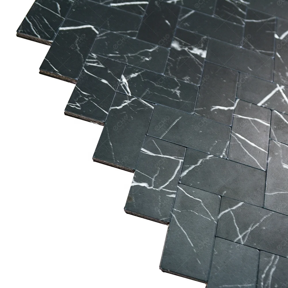 No Grout Herringbone Black Nero Margiua Marble Design Self Adhesive Aluminium Mosaic Tile for Kitchen