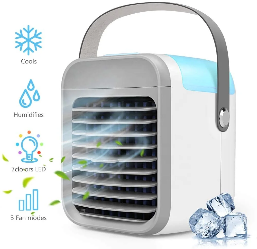 Amazo Top Seller 2020 Small Summer Rechargeable Battery Portable Table Usb Led Light Air Cooler Water Mist Spray Mini Fan