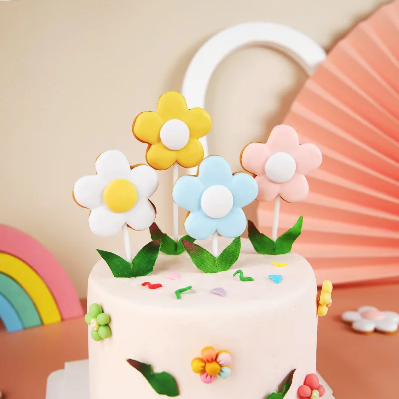 Birthday Party Decors Ins Trendy Pink Blue Yellow White Flower Cake Topper Colorful Flower Cake Toppers