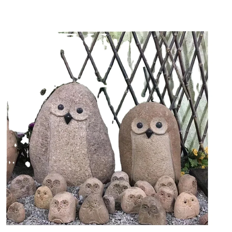 Large Hand Carved Natural cobblestones Outdoor Stone Boulder Standing Owl Sculpture Animal Statue for garden and home decoration