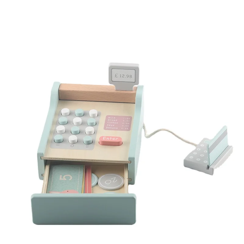 China factory selling safe quality wooden toys early educational solid wood cash register toys children