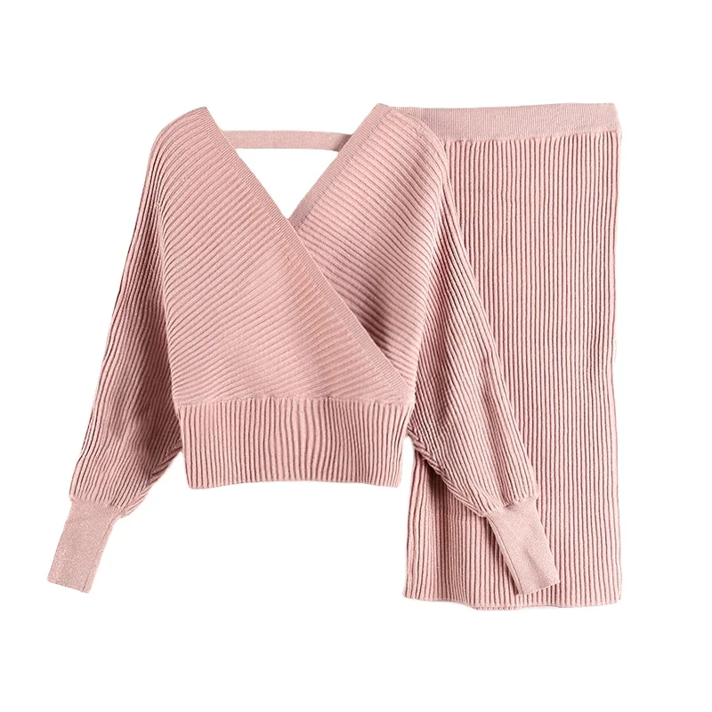 FYB Wholesale Cherrykeke Skirt Knitted Autumn Dress And Batwing V-neck Sweaters Women 2 Piece Set