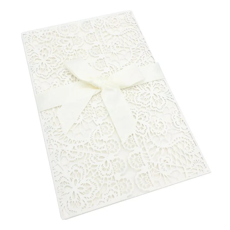 Custom Personalized 3D Laser Cut Wedding Invitations Luxury with Ribbon and Envelopes Wedding Invitation Card