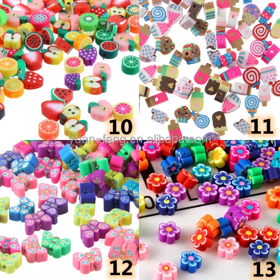 100pcs Polymer Clay Beads Flat back Heart Flower Fruit Series Spacer Loose Beads Charms for Jewelry Making