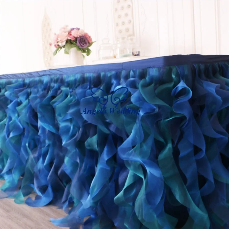 SK010M different design Christmas birthday party royal blue navy blue and green mixed organza curly willow table skirt