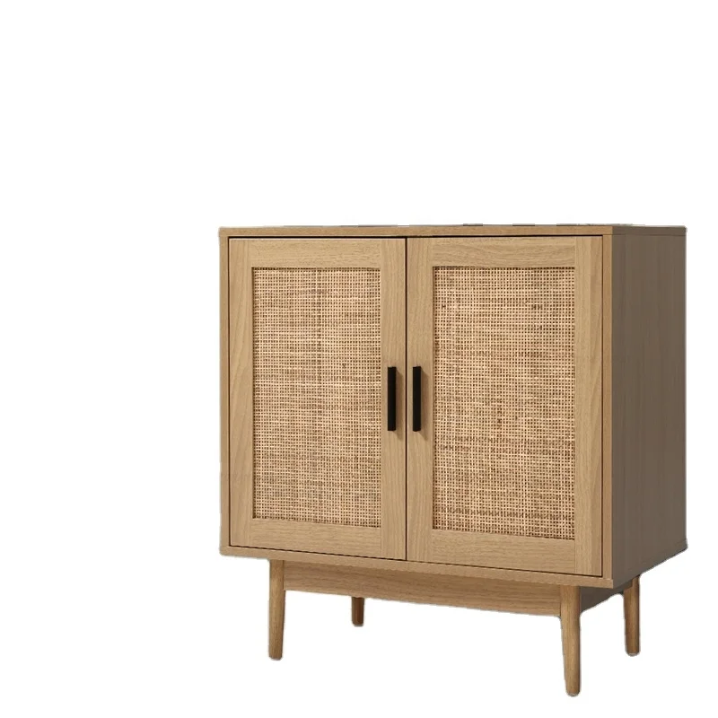 Living Room Wooden Cabinet Rattan Sideboard Wood Storage Cabinet with Solid Wood Leg