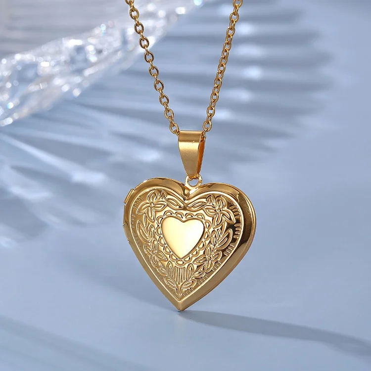 18K Gold Plated Stainless Steel Open Blank Heart Lock Photo Picture Memory Frame Pendant Necklace for Lover Family Gifts