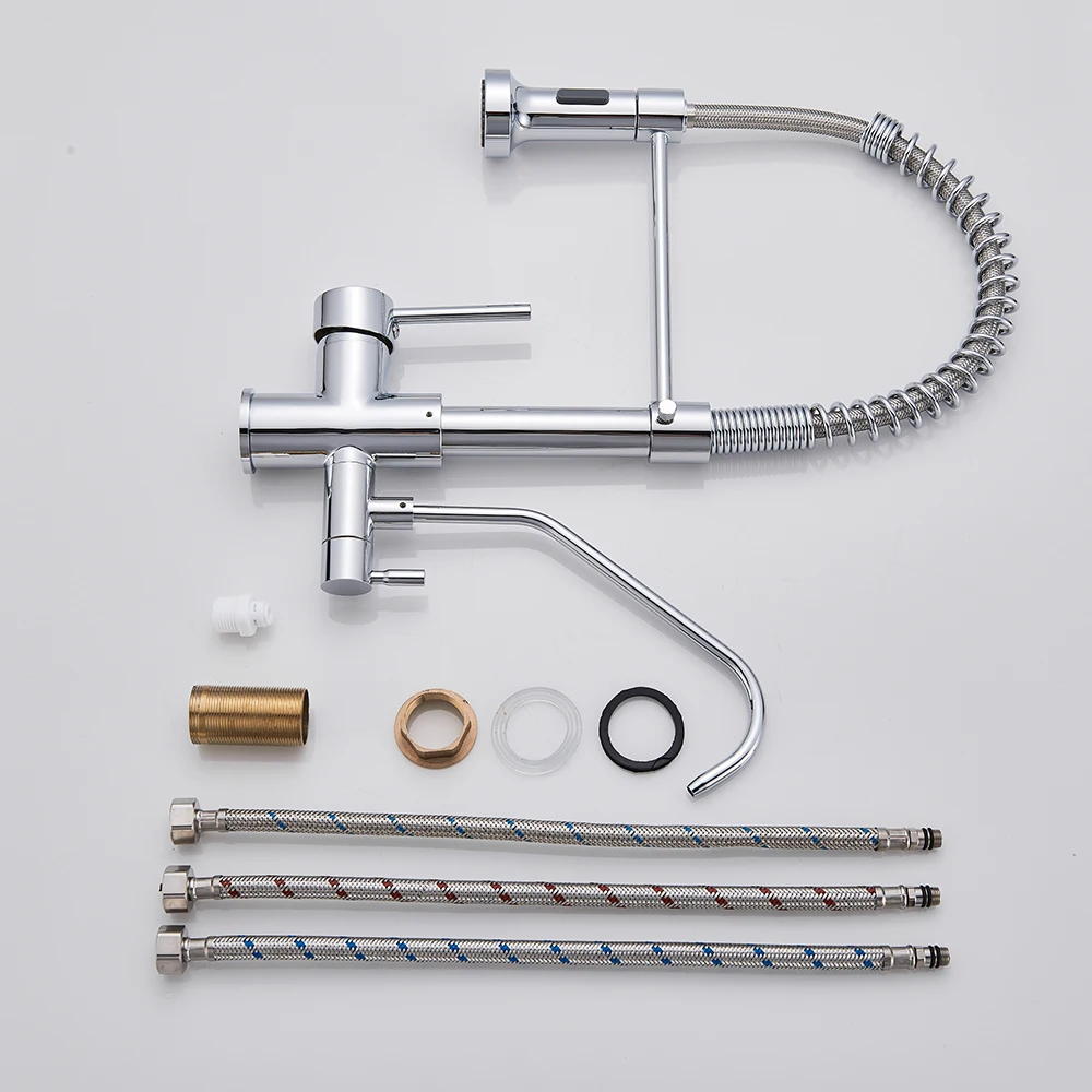 Chrome Filter Kitchen Faucet Dual Handle Purified Hot Cold Sink Tap 360 Rotation 2 Spouts Spring Faucet pure water Taps Crane