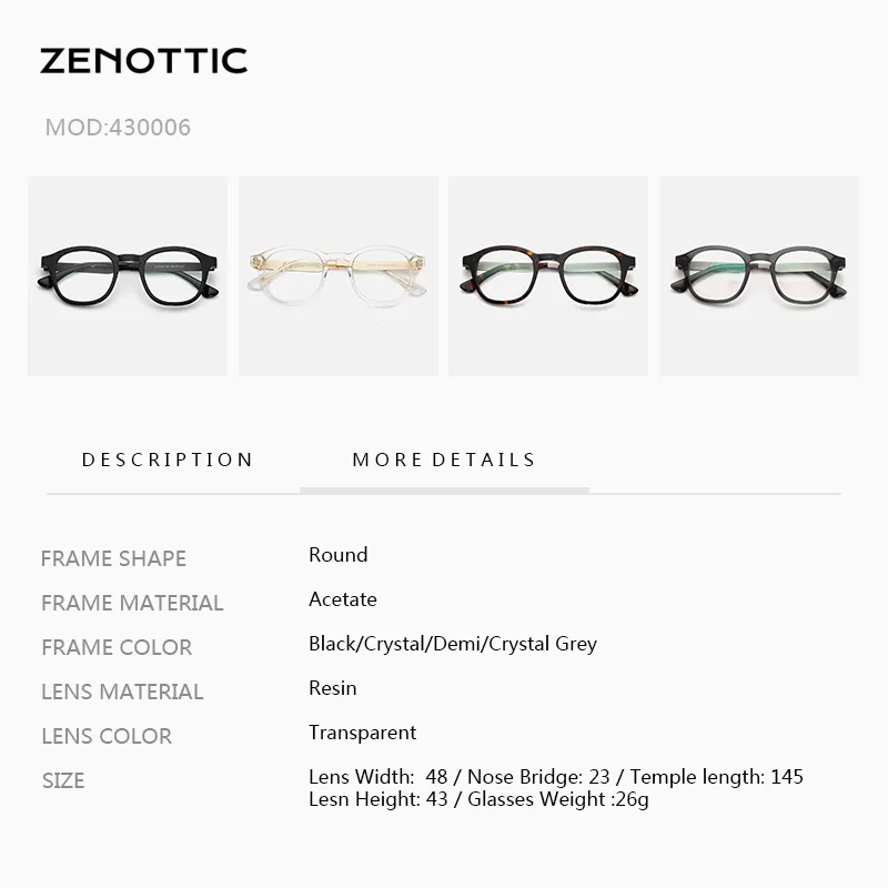 ZENOTTIC Fancy Top Quality Fashion Full-Rim Eyewear Round Retro Acetate Frame Optical Women Men Glasses Eyeglasses Frames