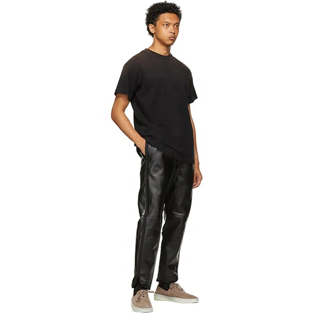 Black Straight Leg Pants Custom Loose Fit Faux Leather Track jogger Pants Men