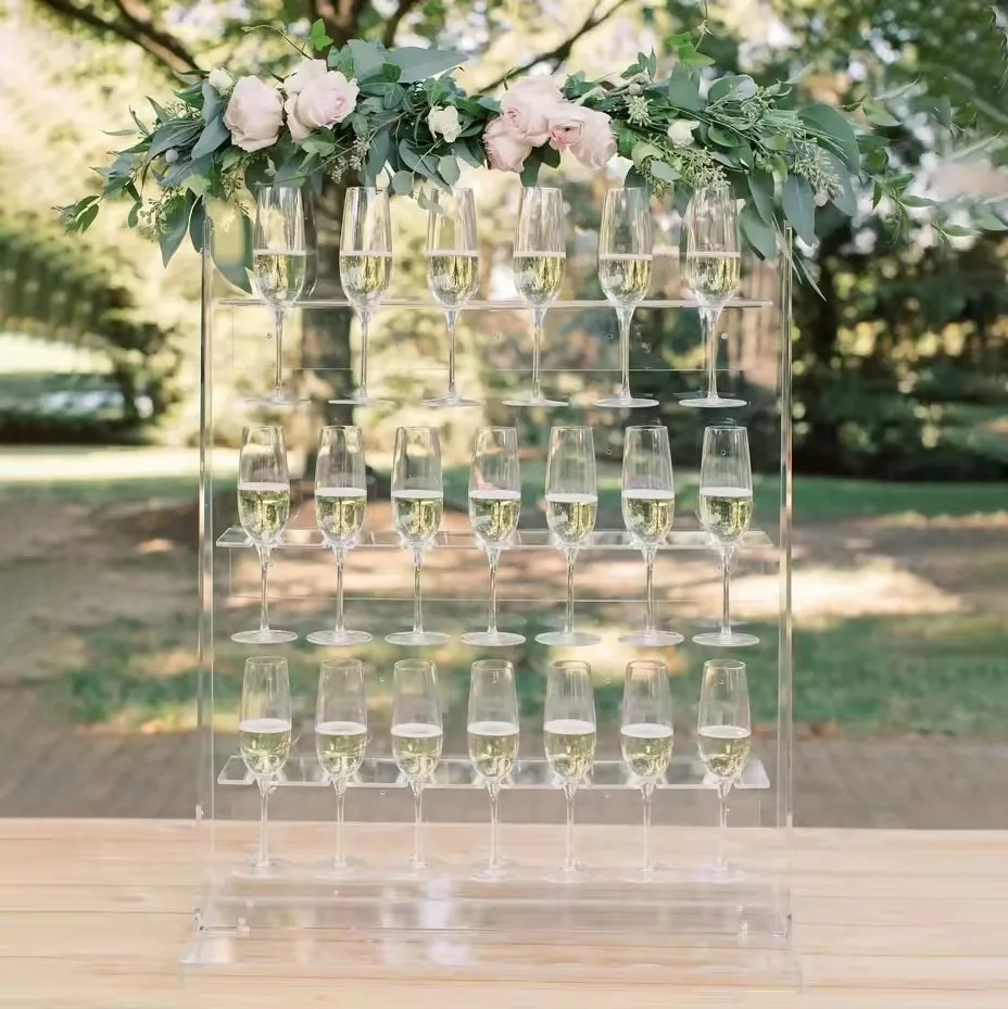 Luxury Wedding Custom Champagne Wall Glass Holder Acrylic Prosecco Wall Mounted Acrylic Champagne Display Rack Stand Wall