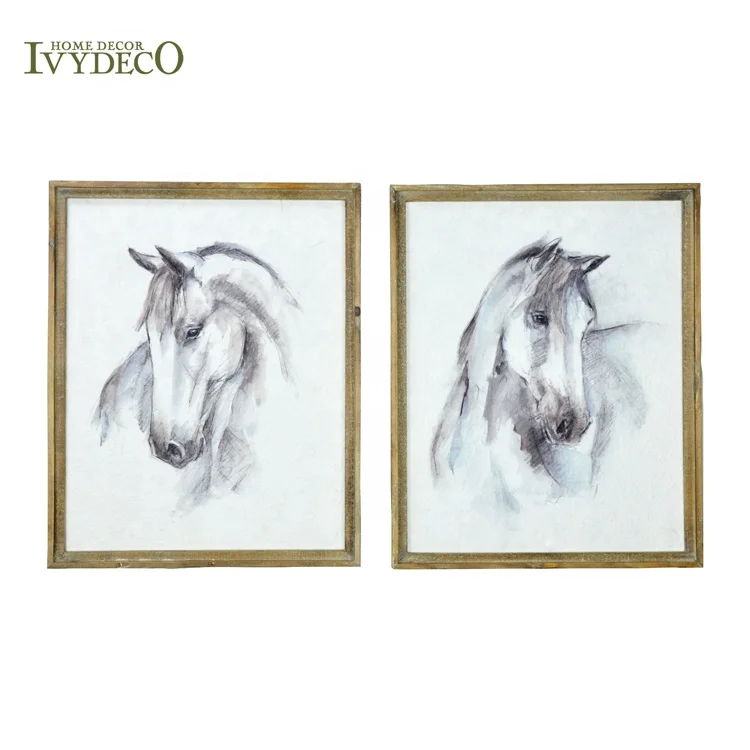 IVYDECO Modern Wooden Frame Paper Painting Wooden horse wall decor for Living room