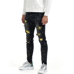 England New design jeans men paint slim fit cotton ripped denim pants customized LOGO knee damage  light blue jeans
