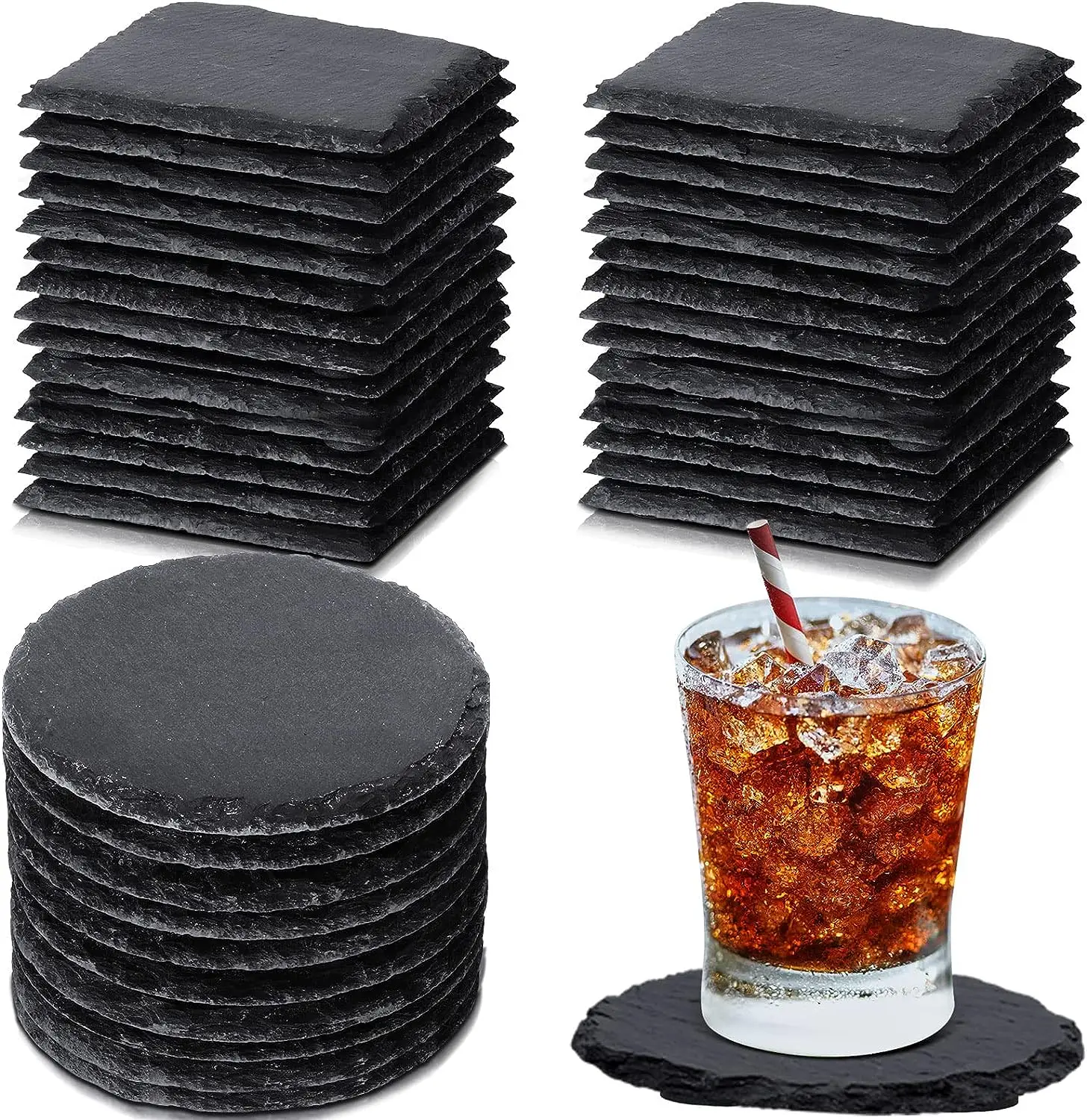 Slate Drink Coasters 4 Inches square and round Stone Coaster with Natural Edge for Cups and Mugs