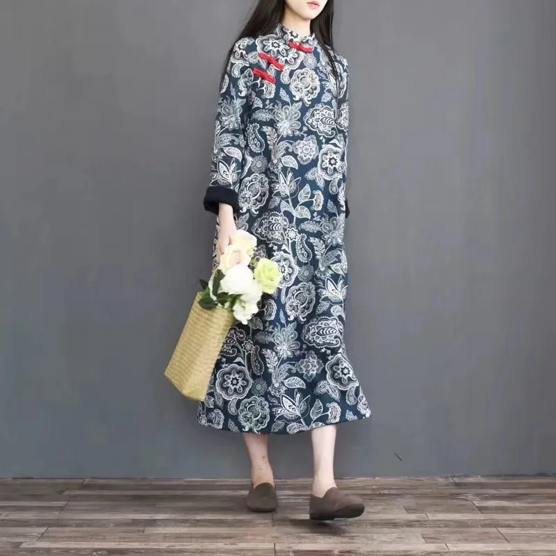 Custom Chinese Casual Autumn Winter Loose A-Line Stand Neck Long Sleeve Maxi Linen Cotton Flower Print Dress Woman With Buttons