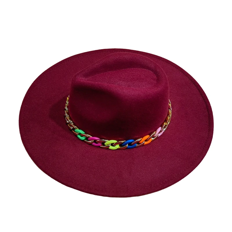 Two Tone 9.5cm Wide Brim Felt  Fedora hats Wholesale High Quality Panama Hat with Multi Color Chain Buckle Decor Jazz Cap Hats