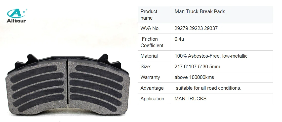 CV Disc Front Brake Pads High Quality OE  Brake dis pad wva 29279 29223 29337 for MAN TGA TGX TGS semi trailer truck pad brake