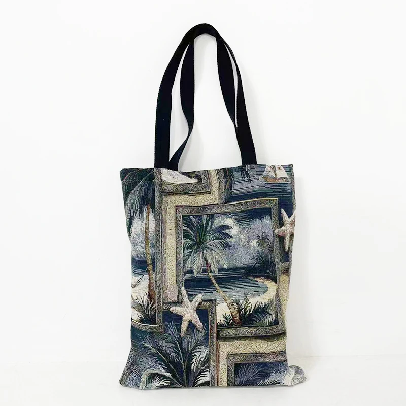 Custom Tapestry Grocery Tote Bag Jacquard Cotton Reusable Shopping Bags Summer Beach Bags