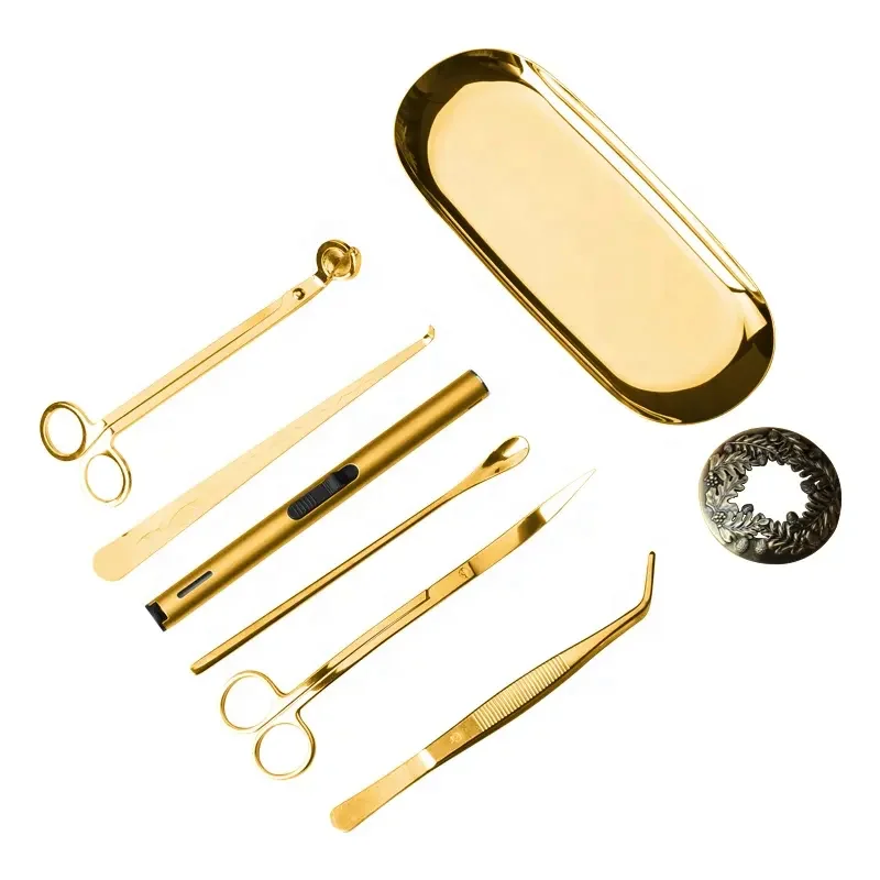 Wholesale candle care kit accessories tools 8 pcs candle snuffer wick dipper flame lighter wholesale gold candle wick trimmers set