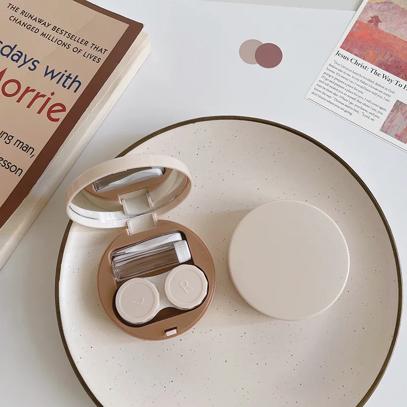 hot sale round shape high quality cream color contact lens case cute heart with mirror plastic case portable contact lens