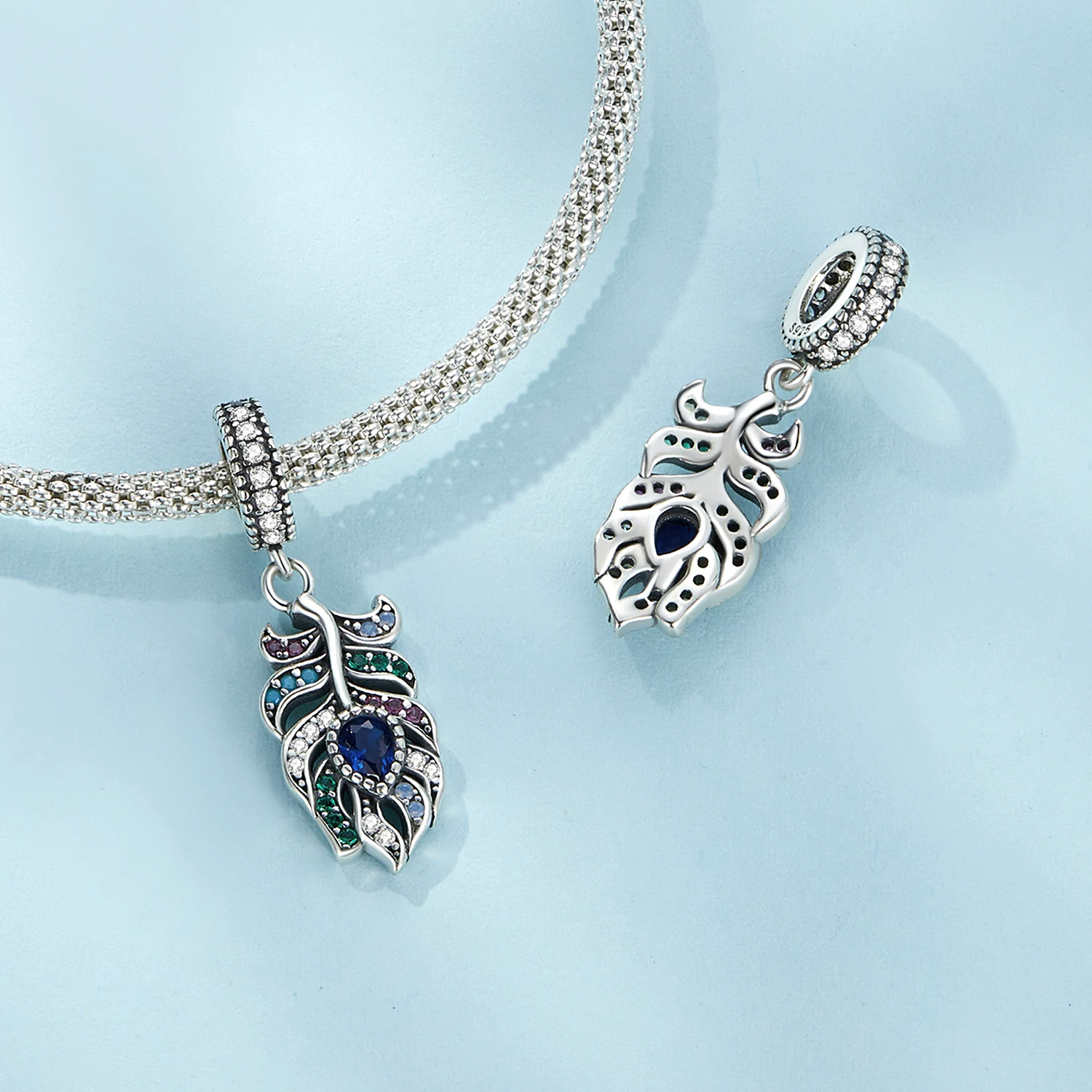 Colorful zircon peacock feather diy bracelet necklace pendant retro turquoise opal s925 silver beads