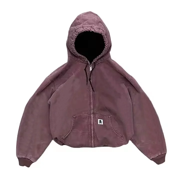 DiZNEW OEM Wholesale Custom Washed Heavyweight Canvas Worker Lined Zipper Up Hood Jackets 100% Cotton Men Work Jacket