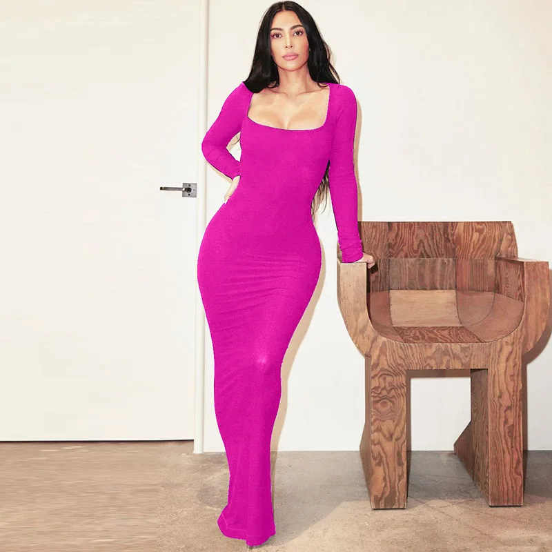 bodycon dress women Elegant Maxi Length Long Sleeve Square Collar High Stretch Bodycon Pullover Casual Dresses
