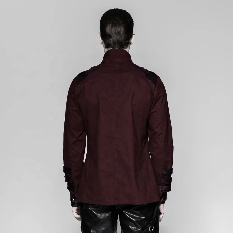 PUNK RAVE Y-753 Germany Soldierly Uniform Stand Collar  Delicate Loops PU Cuffs Men Dark Red Shirts