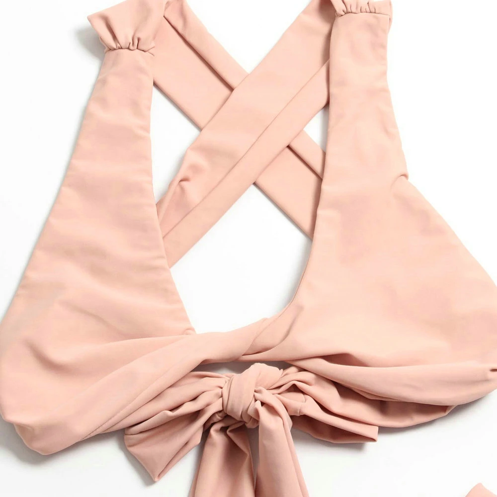 Sheer pink brazilian cross bandage women bikini set sexy triangle thong two piece swimsuit female beachwear biquini swimwear