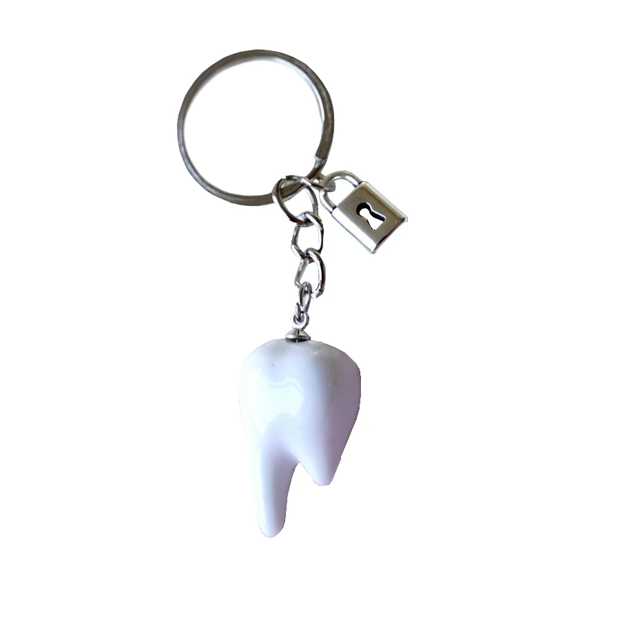 Creative 3D Simulation Teeth Ceramics Metal Keyrings Accessory for Key Holder in Dental Clinic Activity or Gifts