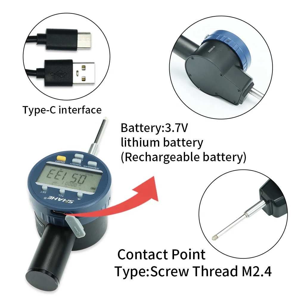 SHAHE NEW Metric/Inch 0-25.4mm 0.01mm Electronic Indicator with Rechargeable Battery Waterproof Digital Dial Indicator