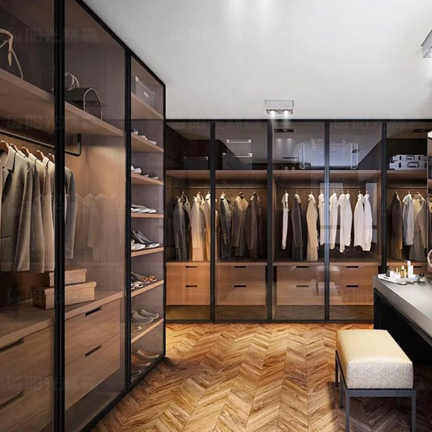 Customized Modern Tempered Glass Sliding Door Bedroom Closet Wardrobes with LED Lights