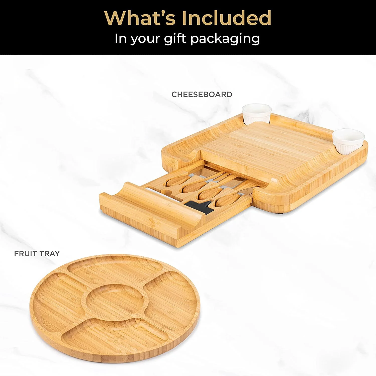 TZYC Bamboo Cheese Board with Cutlery Set Wood Charcuterie Platter Serving Meat Board with Slide-Out Drawer