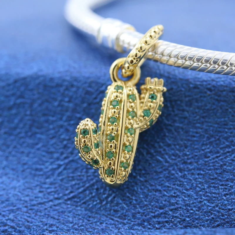 2022 Summer New S925 Sterling Silver Gold Shiny Desert Cactus Pendant Beads Gift for Women Charm Bracelet