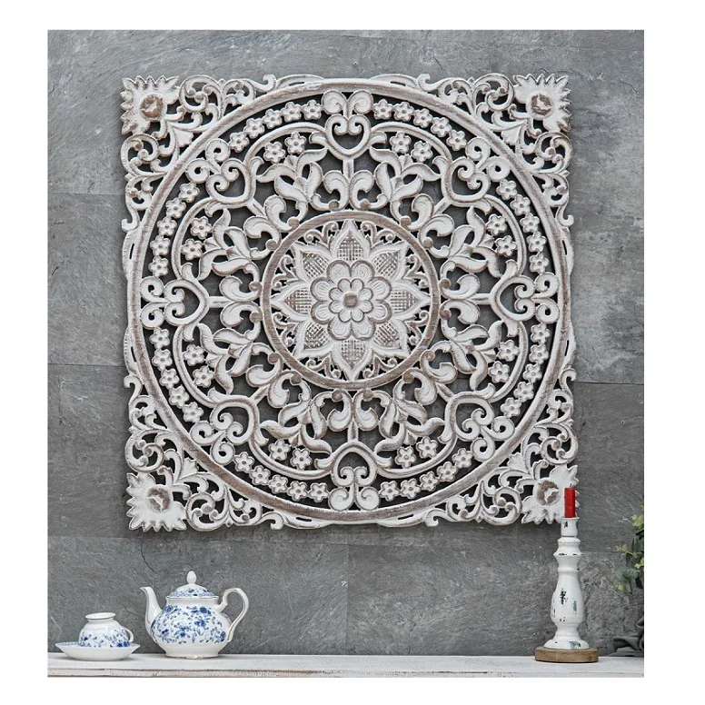 Home Wall Decoration Hanging Square Floral-Patterned MDF Carved Grid Wall Panel 3d in Grey Distressed for Bedroom