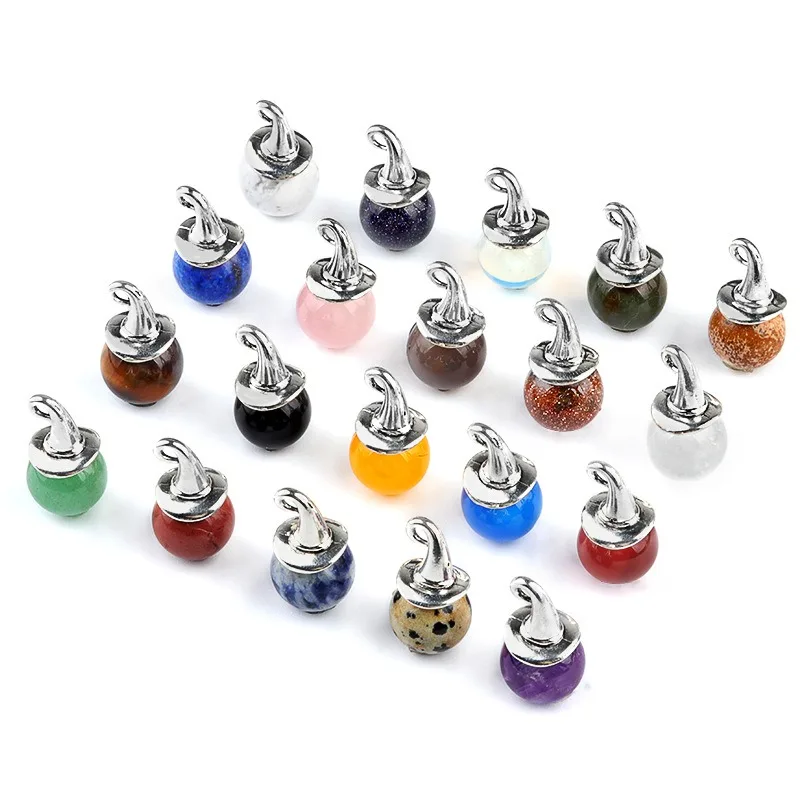 Wizard Hat Charms Antique Silver With Gemstone Round Beads Witch Hat Halloween Charm Tiger Eye Amethyst Charm for Jewelry Making