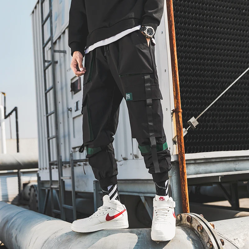 2022 autumn new fashion design loose fit mens cargo pants with fabric strips tape custom printing logo pants