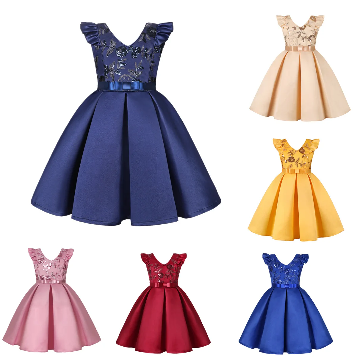 New Little Flying Sleeve Girls Dress Children Sequin Dress Skirt Festive Party Princess Dress