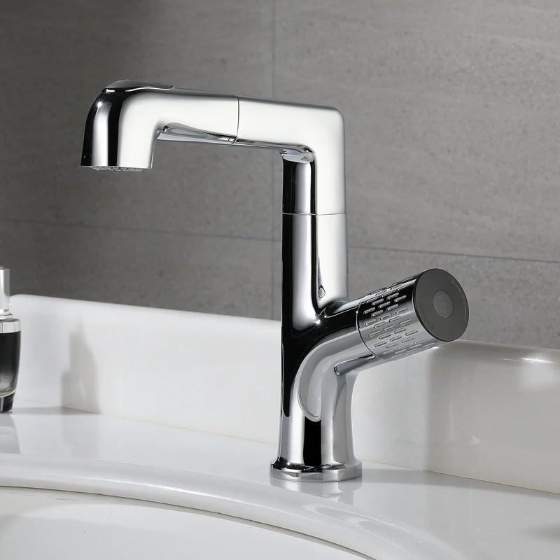 2021 New Style Bathroom Luxury Bright Single Hole Black washbasin Water Tap Brass Sensor Automatic Pull Out Basin Faucet Mixer