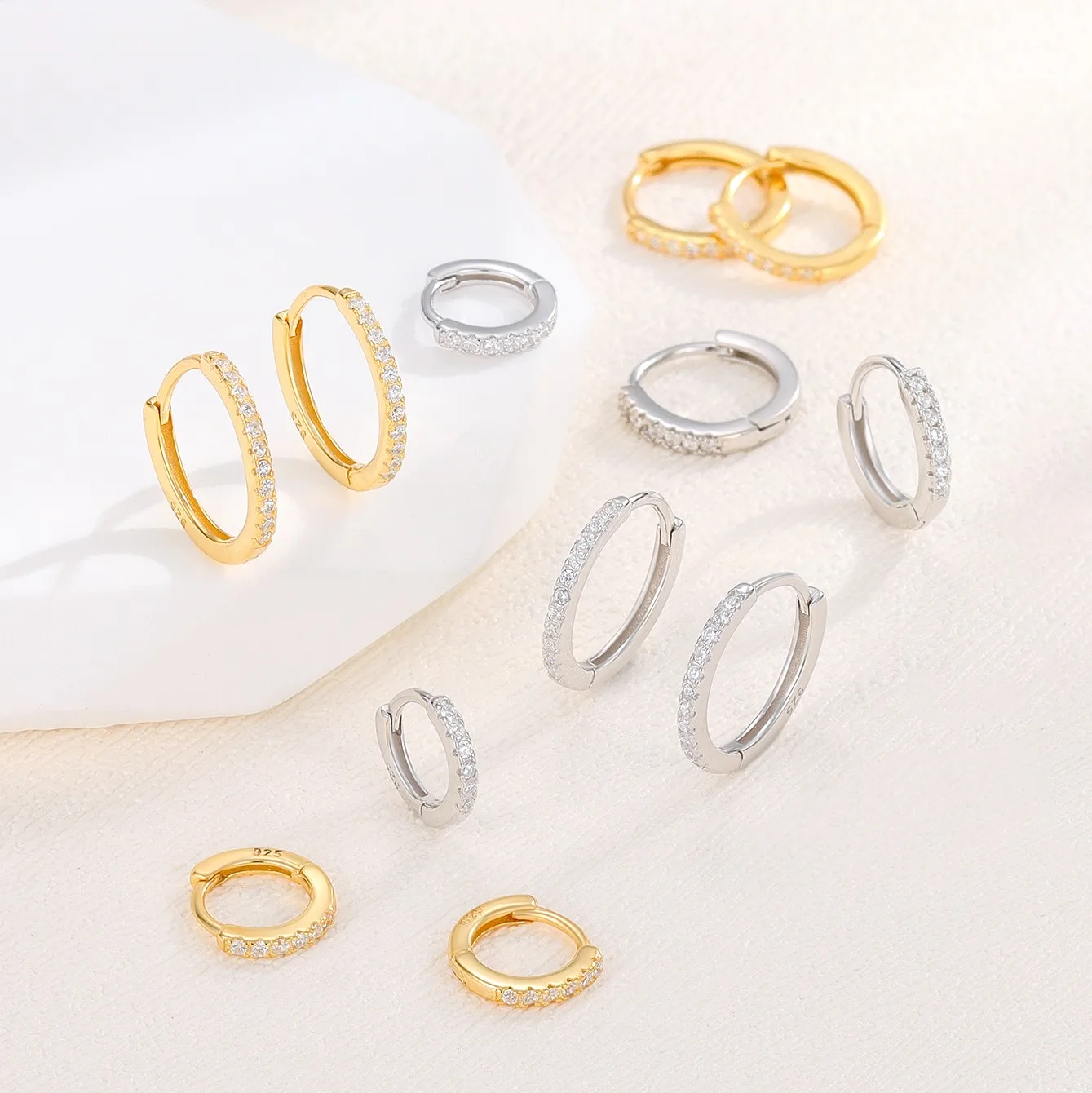 925 Sterling Silver Gemstone Diamond Gold Plated Cubic Zirconia Geometric Hoop Earrings Huggie For Women Girl Fine Jewelry Set