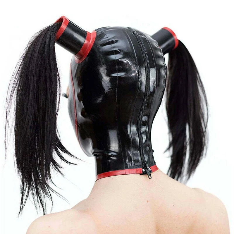 Sexy Latex Handmade Women Hoods Two Red Tress Wig Hair Fetish Mask Heroine Headgear